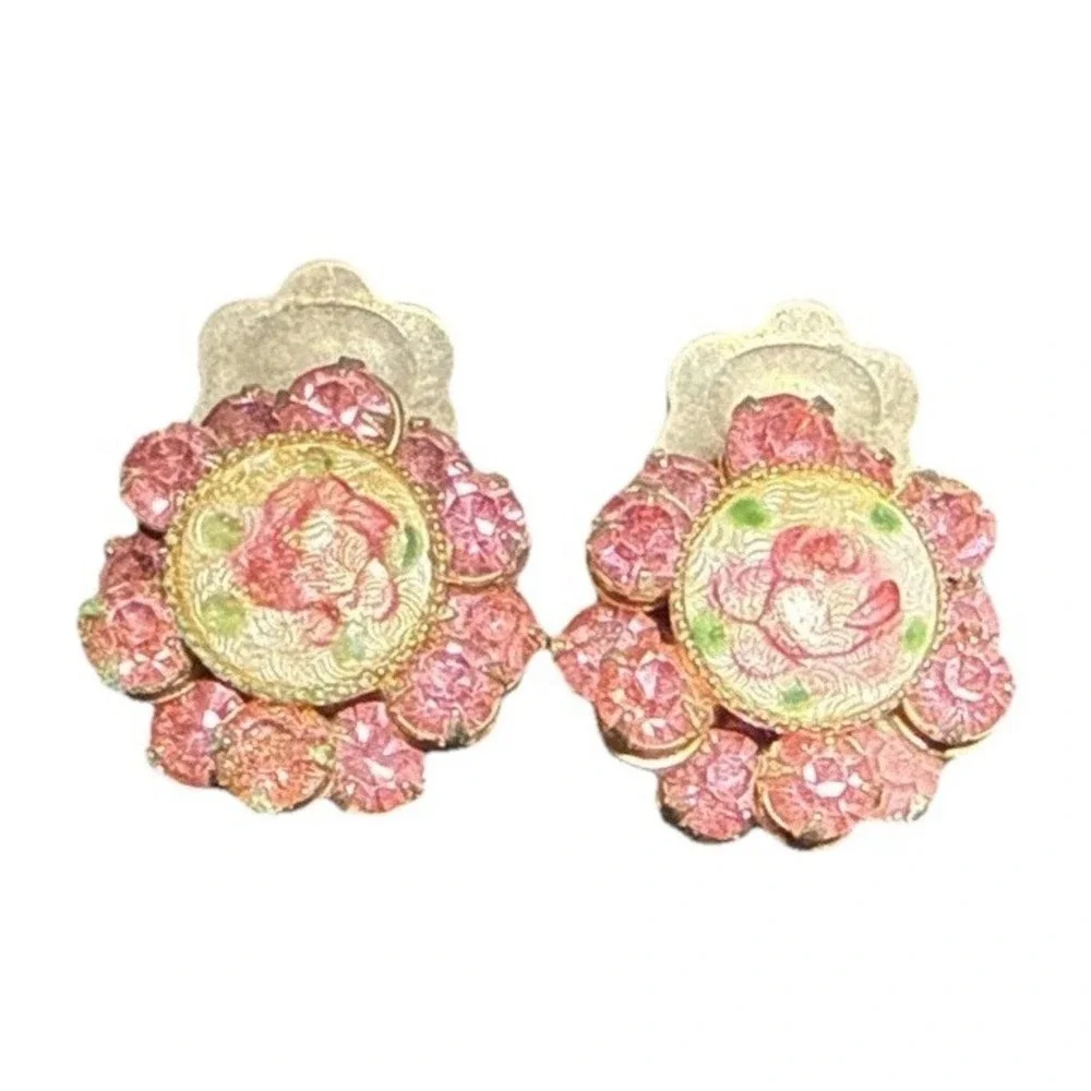 Vintage Pink Cloisonne Floral and Rhinestone Clip On Earrings J15-2